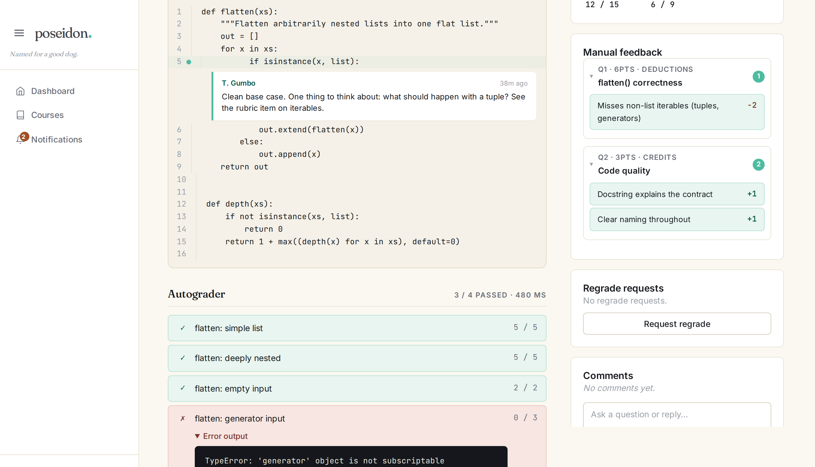 A student's view of their graded submission: autograder results showing three passed tests and one failed test with its error output, plus the published manual feedback items.